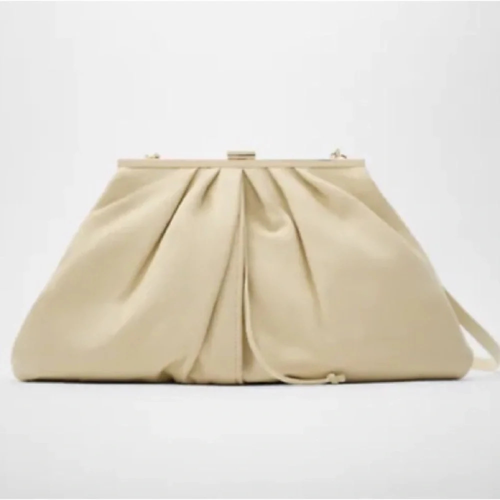 Zara New Leather Double Compartment Pleated Crossbody Bag Off White 6740/510